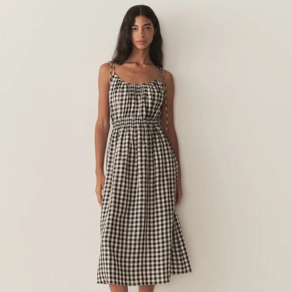 NWT Doen Leslie Linen Tie Strap A Line Midi Dress Marilyn Gingham Black White - Picture 2 of 15
